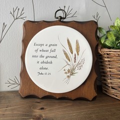 VTG Wheat Ceramic Tile Trivet Bible Verse John 12:24 Wooden Cottage Wall Plaque