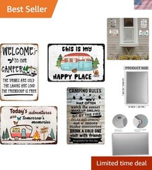 Charming Set of 4 Rustic Metal Camping Signs – Pre-Drilled for Easy Hanging
