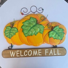 Welcome Fall Sign Orange Pumpkin Metal Leaf Rustic Wall Decor Cottagecore Farm