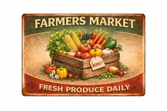 Farmers Market Metal Tin Sign Fresh Produce Daily Rustic Farmhouse Kitchen Decor
