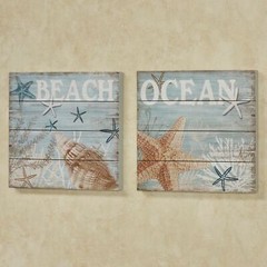 Under the Sea Coastal Plank Style Wall Art Plaques Blue Set of Two