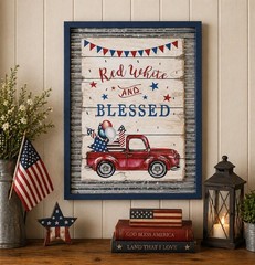 Red White & Blessed Old Red Truck Full of Fireworks Wooden Wall Plaque 16″H #222