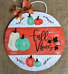 FALL VIBES CIRCLE SIGN Wall Art Door Hanger Plaque Wood Family Pumpkins Decor