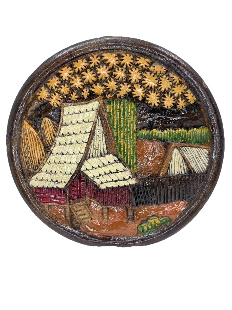 Vtg Philippine Made wood wall hanger Folk Art Decor Village Scene Hut Plaque