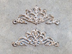 TWO Cast Iron Scroll Toppers, Cabinet Hardware, Wall Plaques, drawer decor royal