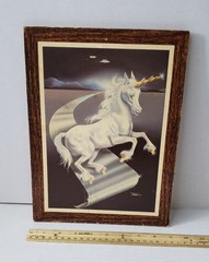 Vintage 1980s Gina Ferraro Unicorn Fantasy Art Print Wood Plaque Sign 11.5×9.5