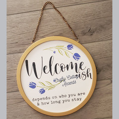 Welcome Round Sign 10-Inch Gold Frame with Black Lettering & Purple Tulips