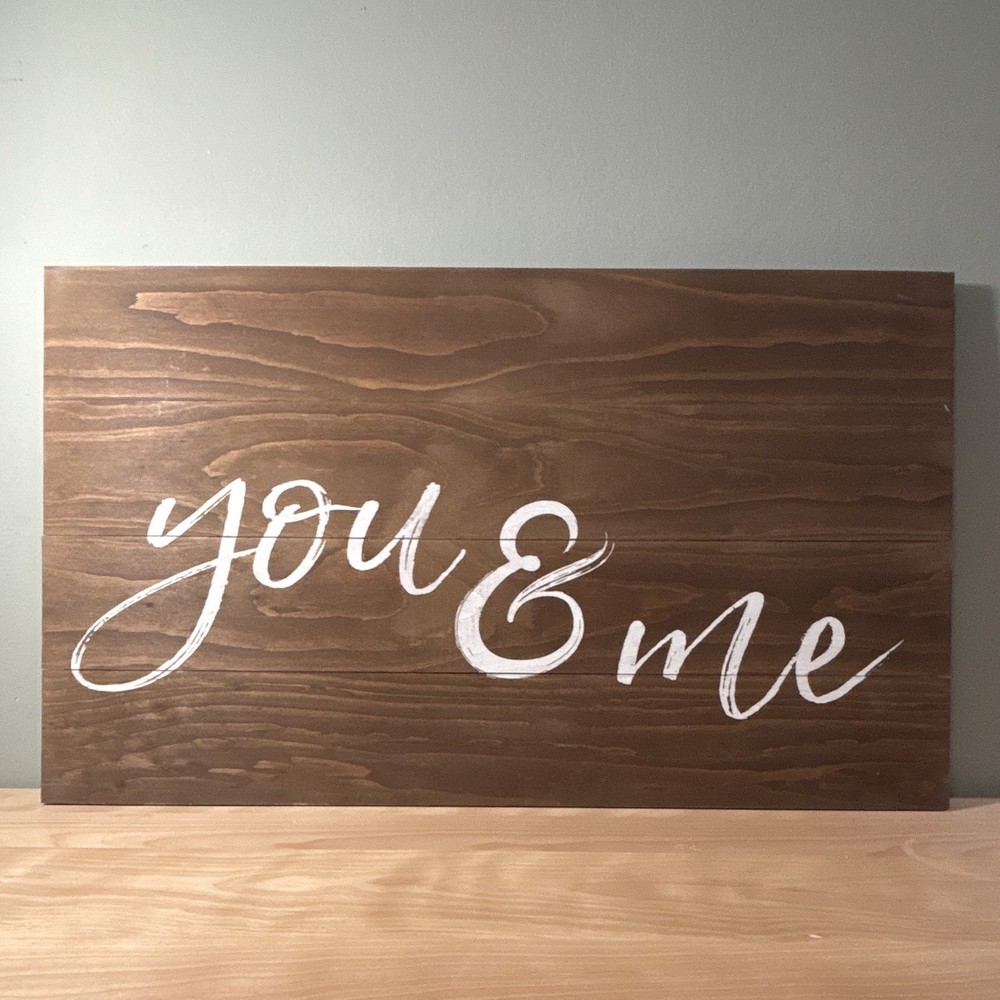 Handmade “You & Me” Wood Farmhouse Wall Hanging Sign Brown/White 24×14 Wedding
