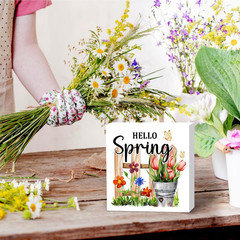 Hello Spring Wood Block Sign,Spring Floral Quote Desk Decor,Spring Themed Wood P