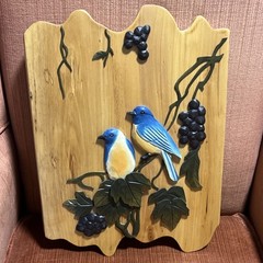 Handmade Wooden blue Birds Nature Wall Plaque Painted Vertical Hanging