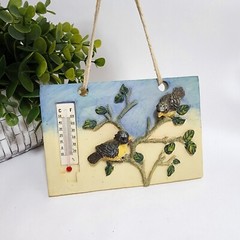 Bird Thermometer Plaster Cement Painted 3D Hanging Plaque 5.25″x3.5″ Small Birds