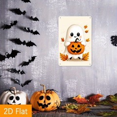 Halloween Cute Ghost Pumpkin Metal Tin Sign Autumn Leaves Home Decor Wall Art