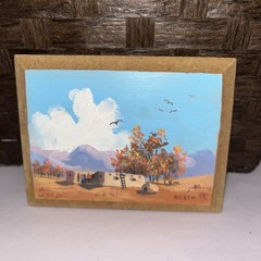 Hand Painted Southwest Folk Art Landscape On Wood Plaque Signed “AGOTA”