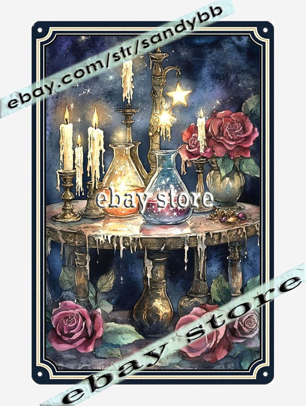 Potion Altar Metal Tin Sign Mystic Candle Table Art witch ritual