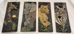 VINTAGE RUANE MANNING OF AFRICA 3D WALL PLAQUE SET OF 4 (10-3/16″ x 4″)