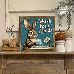 Bathroom Bunny Wash Hands Wooden Plaque Farmhouse Entryway Wall Art Decoration