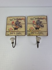 2 Rooster Wood And Ceramic Wall Hooks