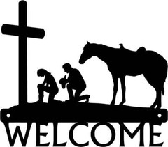 Cowboy & Cowgirl at the Cross Welcome Sign – Made in America – Outdoor Decor