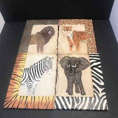 Safari Animal Art Wall Plaque Decoration Lion Tiger Zebra Elephant Set of 4 READ
