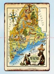 modern art restaurant pub Maine Pictorial Map 1946 metal tin sign