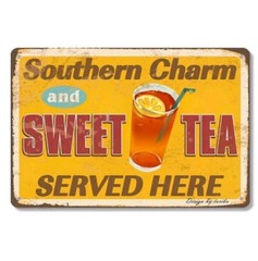1pc Vintage “Southern Charm and Sweet Tea” Tin Metal Signs- 8×12″| Rustic Yellow
