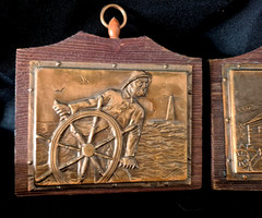 Vintage Embossed Copper Wood Wall Plaque Folk Art Scene Albert Nadeau Rustic