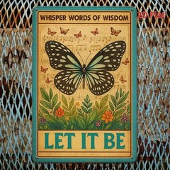 Vintage Butterfly Design Metal Sign Let It Be Lyrics Quote Home Accent Decor
