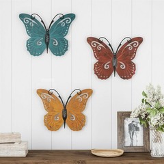 3 Piece Set Metal Butterfly Wall Decor Painted 11 x 14 Inch Indoor Outdoor