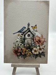 5×7 Birdhouse Floral Canvas Art w Stand Farmhouse Bird Butterfly Cottage Decor