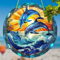 Ocean Sunset Dolphin Acrylic Suncatcher 8*8Inch Round Stained Window Decor