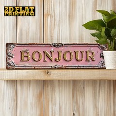 Metal Sign Vintage Pink Ornate Bonjour French Quote Door Entry Wall Decor Plaque