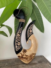 Hawaiian Hand Made Wall Home Decor Solid Black Wood Polynesian Tribal Fish Hook