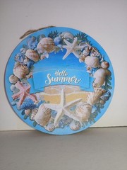 11″ Decorative Hanging Sign – Hello Summer – Wood Beach Sea Shells Design