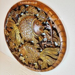 Hand Carved Teak Wood Round Wall Art 24″ Goldfish Wall Decor Hanging Sculpture H