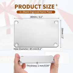 6Pcs Blank Name Plates, 3.1 x 2″ Mirror Engraved Plate with 4 Holes, Silver