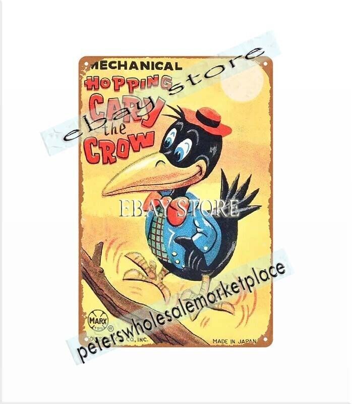 Old retro toy JAPAN Tin Windup HOPPING CARY CROW play house metal tin sign