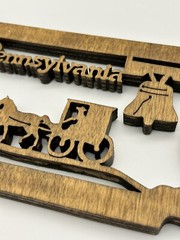 VTG Pennsylvania Carved Wood Scroll Art Plaque liberty bell Amish horse & buggy