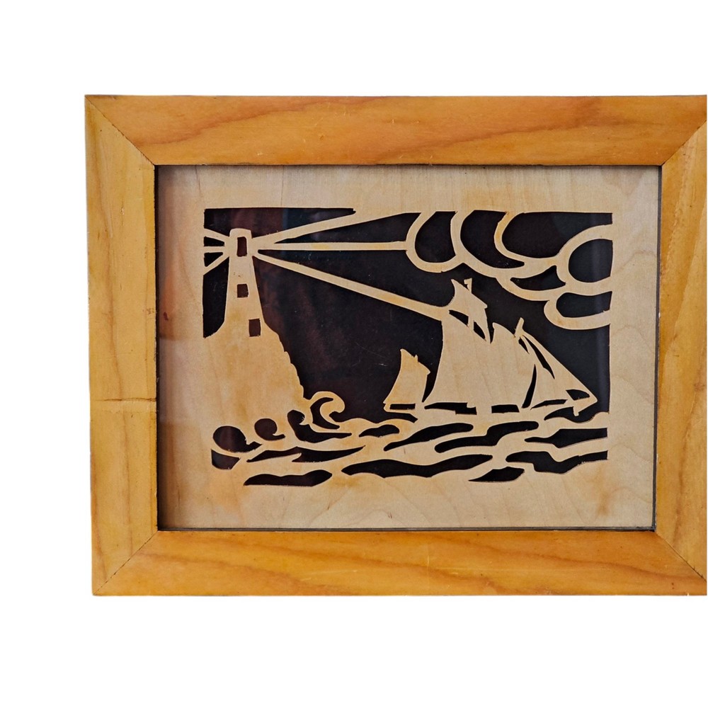 Nautical Lighthouse Ocean Sailboat Scroll Saw Framed Wall Art Wood 11 X 14 Decor