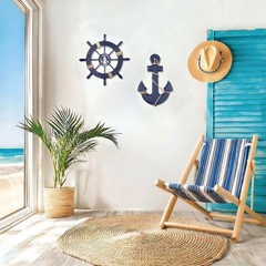 Meching 2 Pack 11″ Nautical Beach Wooden Ship Wheel and 13″ Wooden Anchor wit…
