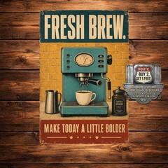 Teal Retro Espresso Machine Illustration Coffee Shop Sign Metal Wall Plaque