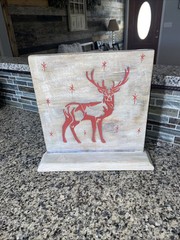 Wooden Stand Up Deer With Cut In And Hand Painted 13.5” X 12.75” Heavier Nice