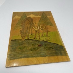 Hand Painted Scored Wood Picture Deer Family Vintage Country Cabin Decor