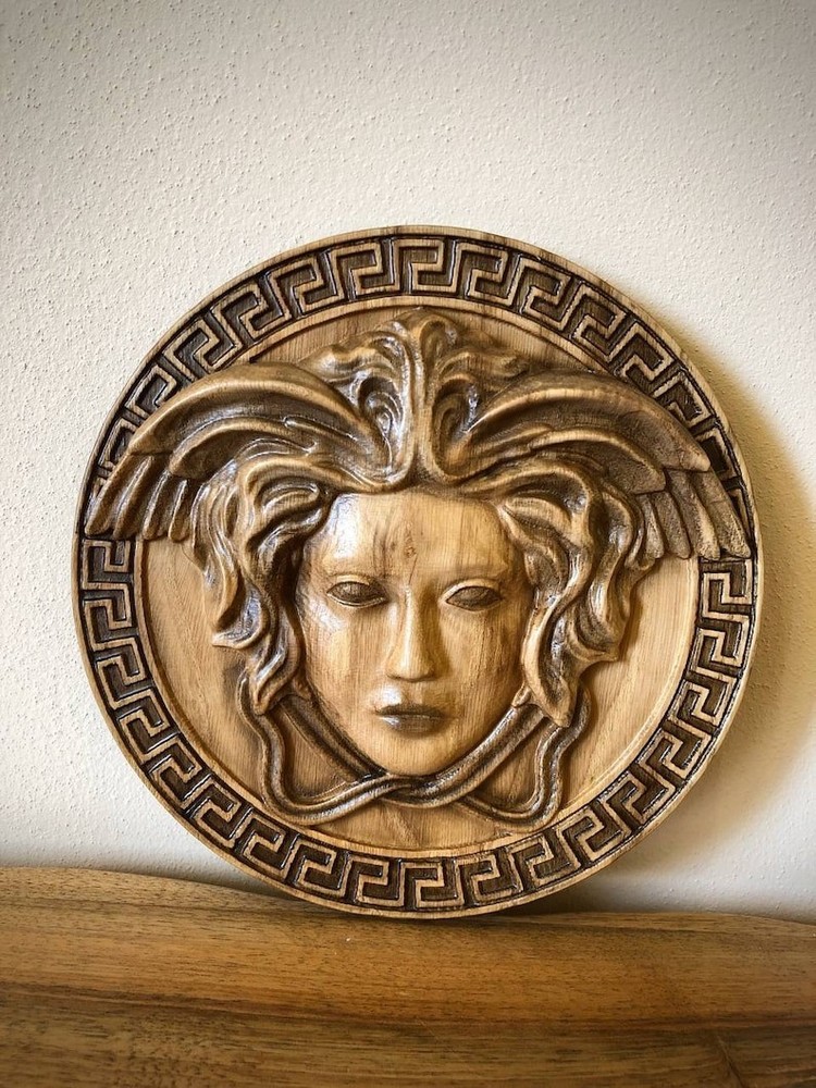 Medusa Gorgon Greek lady Wooden Carved rosette Panel Table For Home Decor