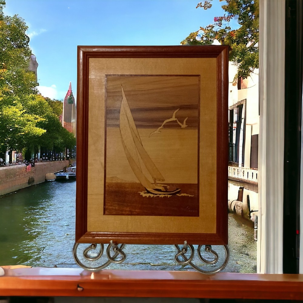 Vtg JEFF NELSON Marquetry Wood Wall Plaque Inlaid Decor Sail Boat Hudson River