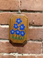 Vintage Hand Painted Wood Plaque Blue Floral Art Sign Hanging Wall Decor Rustic