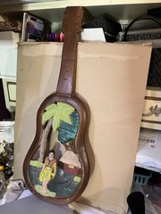 solid wood guitar wall hanging 23.5″x9″x1″ lady palm tree bungalow painted vtg