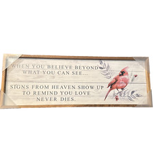 NEW w TAGS Kendrick “WHEN YOU BELIEVE” Red Cardinal Wood Sign Framed 24.5″ X 8″