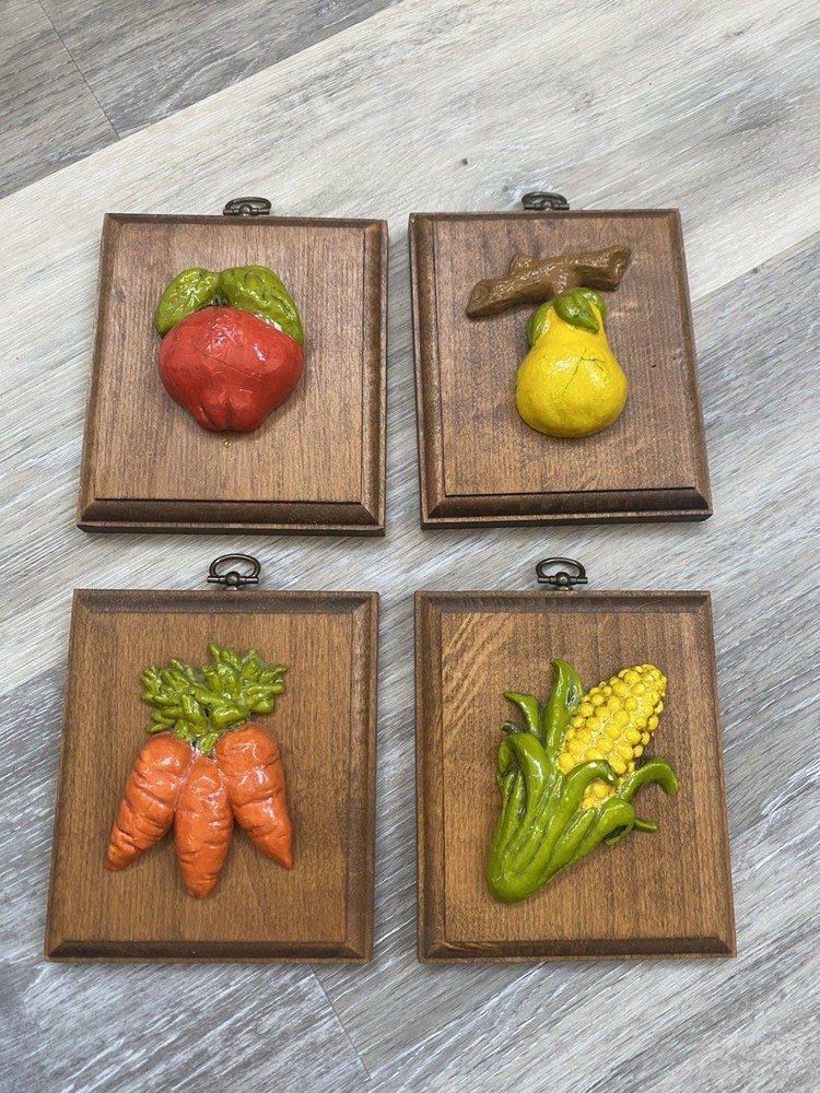 Set of 4 Vintage 3D Ceramic Wall Décor Plaques Vegetables