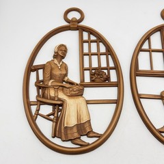 Vintage Syroco Colonial Man Woman Wall Plaques Set Brown Faux Wood 12″ Rustic