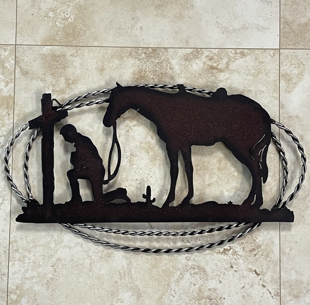 Praying Cowboy Kneeling at Cross Horse Rustic Metal Western Wall Decor Memorial